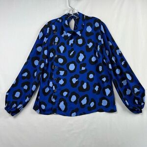 New York & Company Blouse Womens L Blue Black Leopard Animal Print Collared